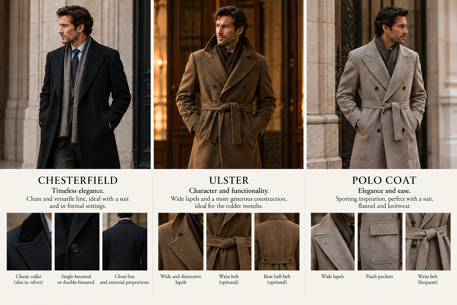 Chesterfield, Ulster and Polo Coat: three classic men's overcoat styles with tailoring details and design features.