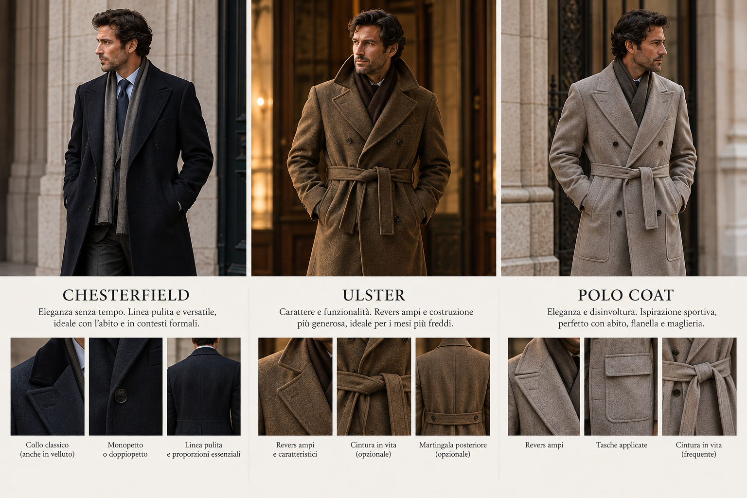 Tre modelli di cappotto su misura maschile: Chesterfield, Ulster e Polo Coat, con dettagli sartoriali.