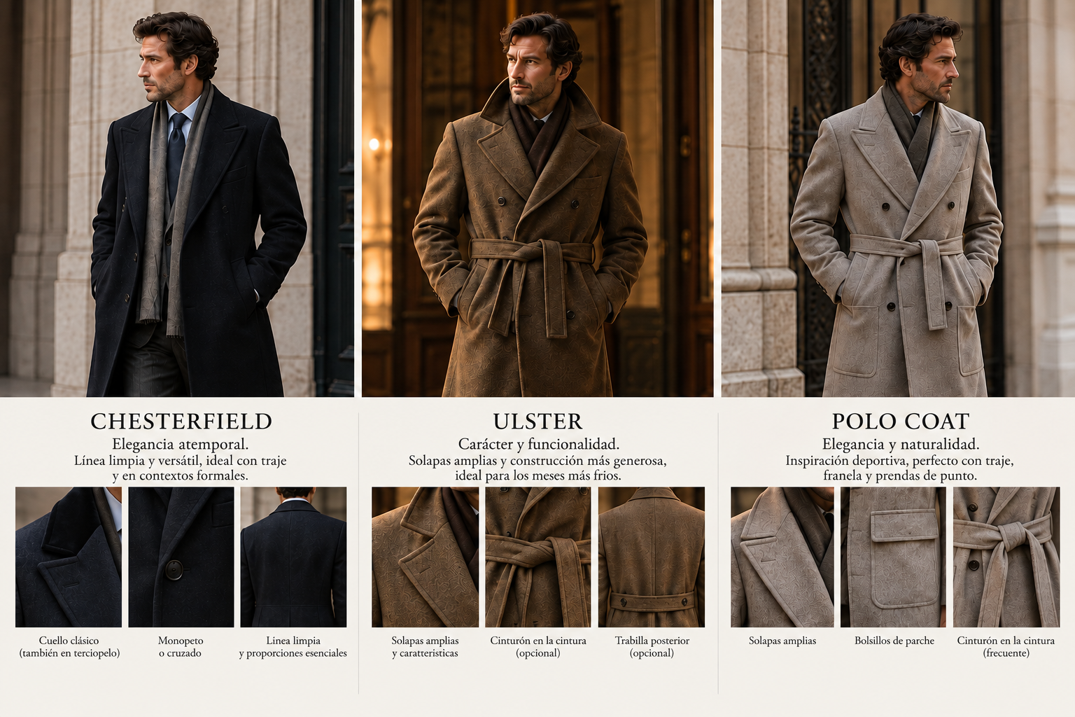 Tres modelos de abrigo a medida: Chesterfield, Ulster y Polo Coat, con detalles de confección y estilo.